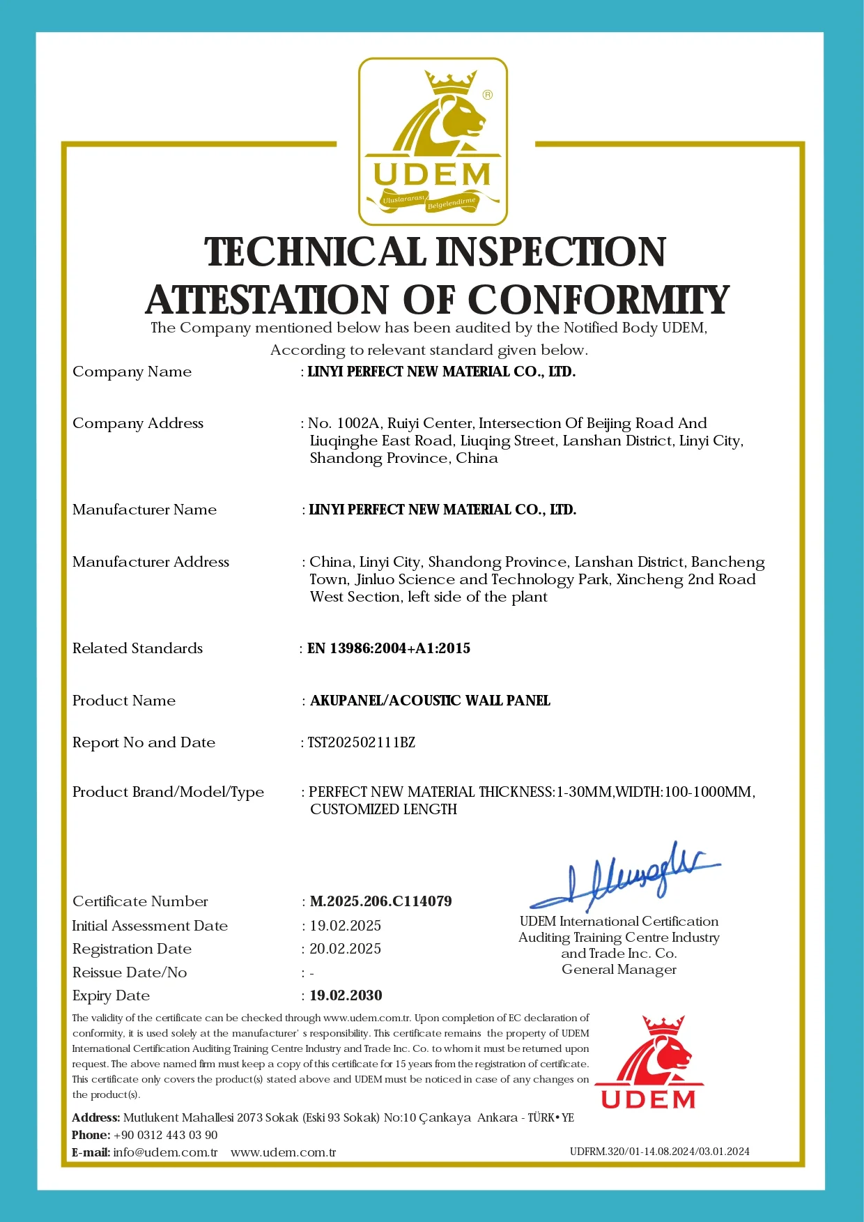 Acoustic Wall Panel Conformity Certificate