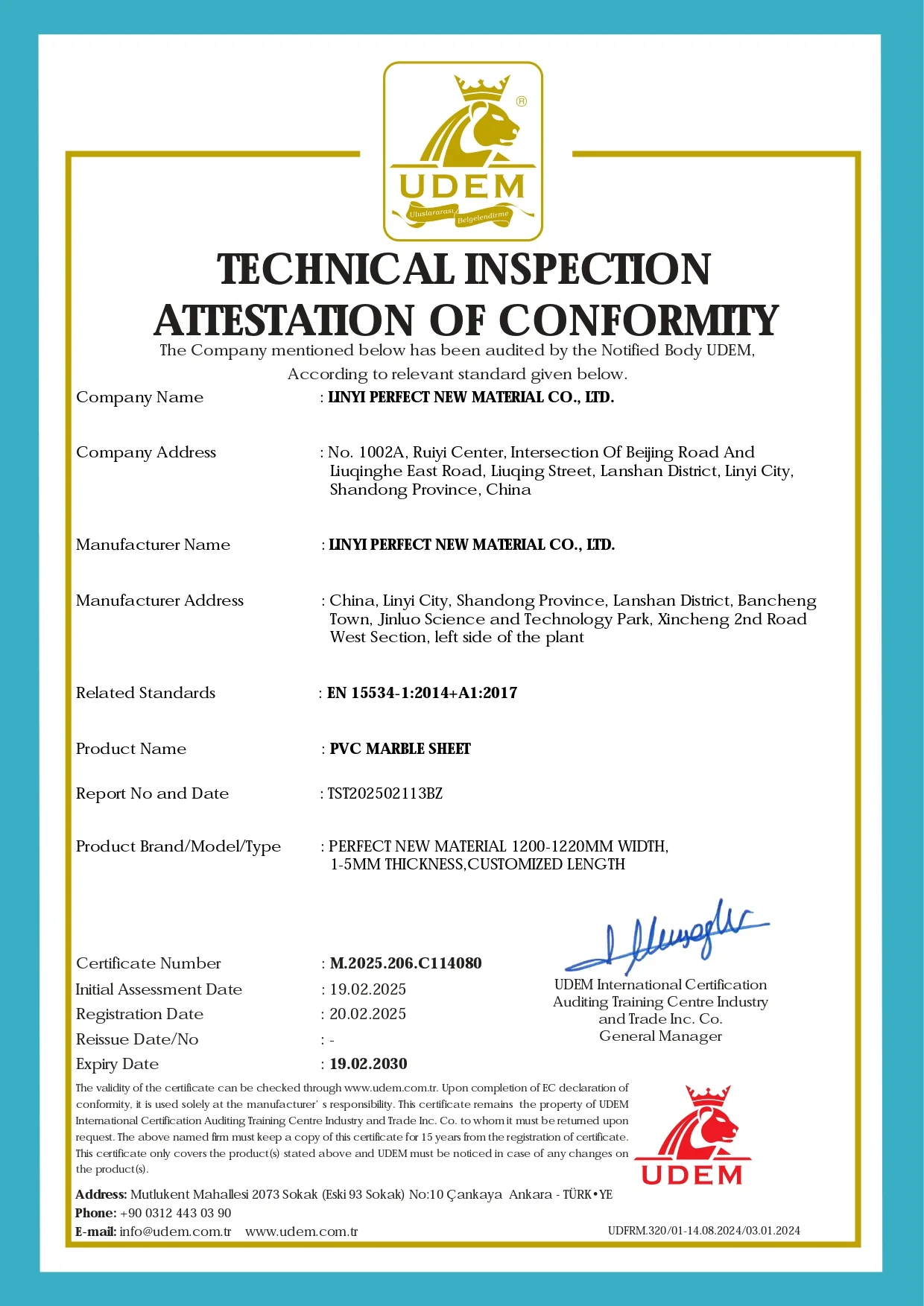 PVC Marble Sheet Conformity Certificate