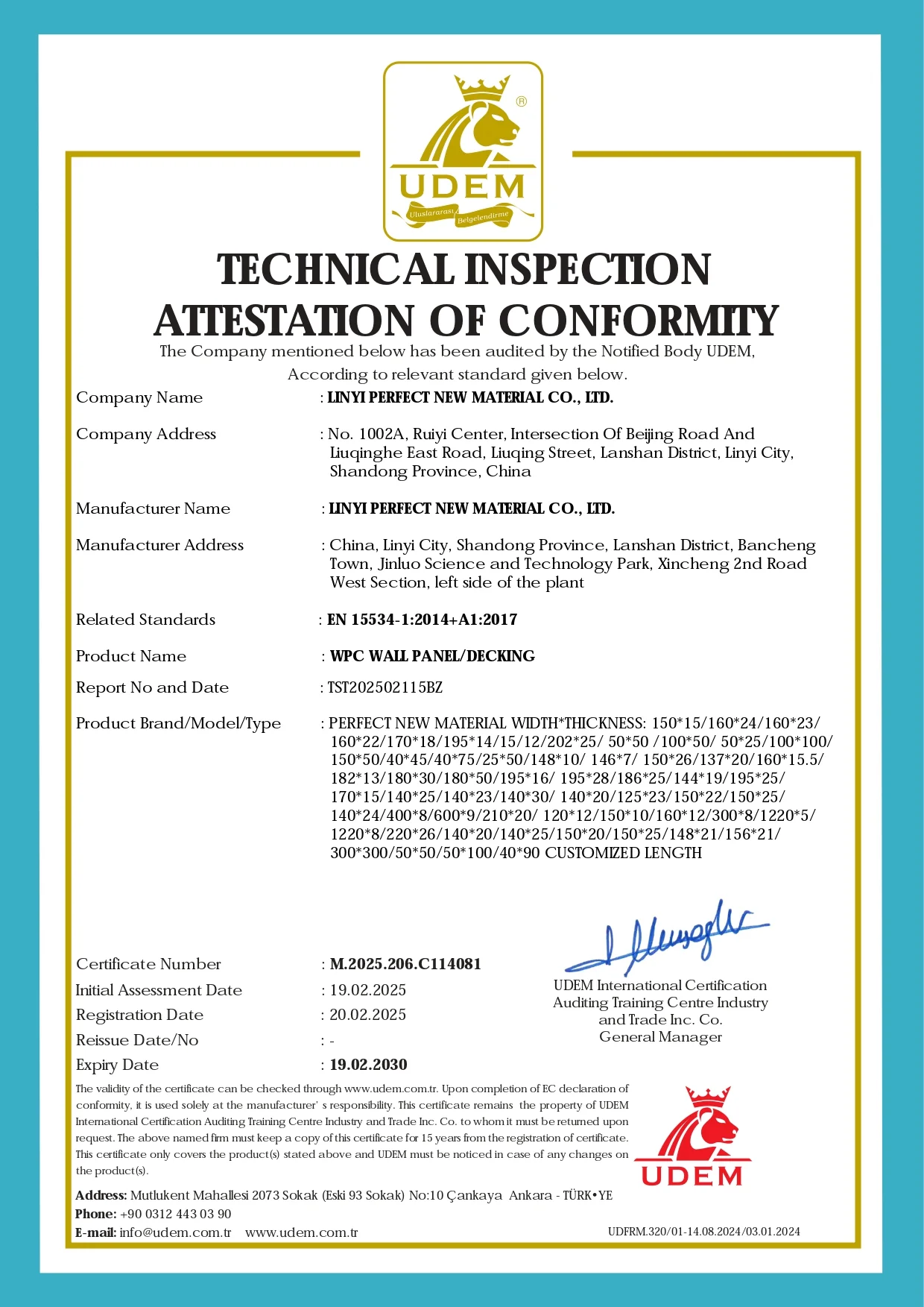 WPC Wall Panel / Decking Conformity Certificate
