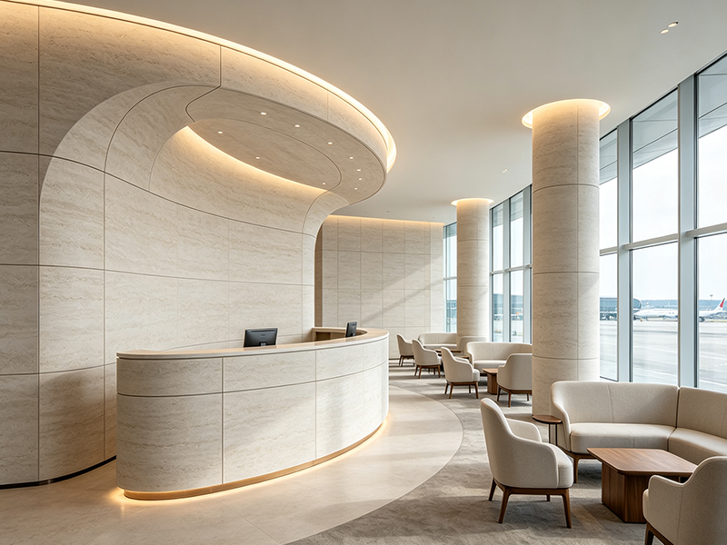 Modern minimalist high-end business lobby curved front desk interior design renderings