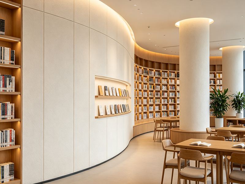 Interior rendering of modern reading room library with curved wall