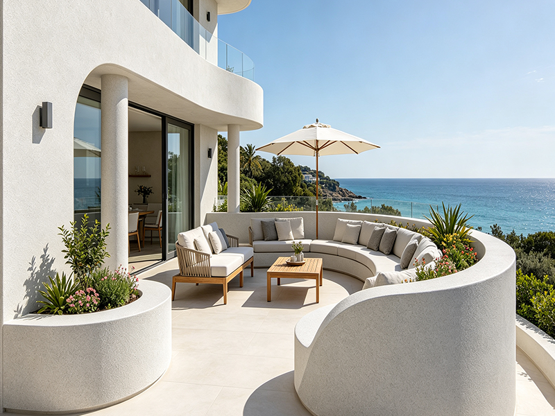 Rendering of curved outdoor terrace courtyard design for modern seaside villa