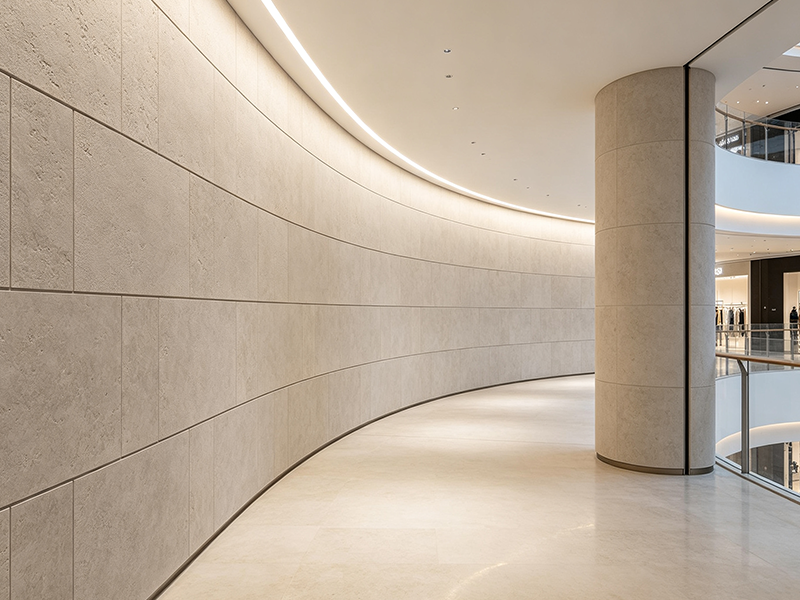 Interior rendering of modern minimalist curved corridor with wall decorative panels