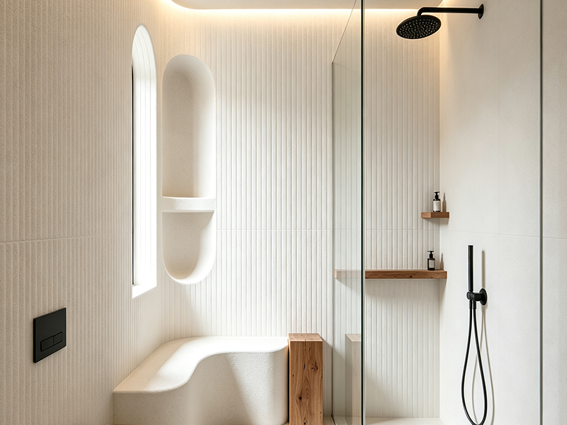 Interior rendering of minimalist bathroom with white decorative wall panels