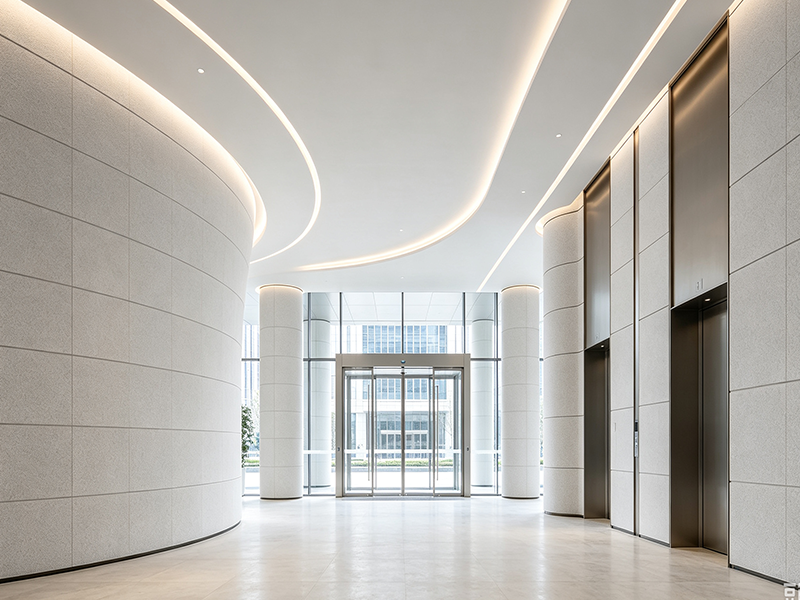 Rendering of curved corridor elevator lobby with wall panels in modern office building lobby