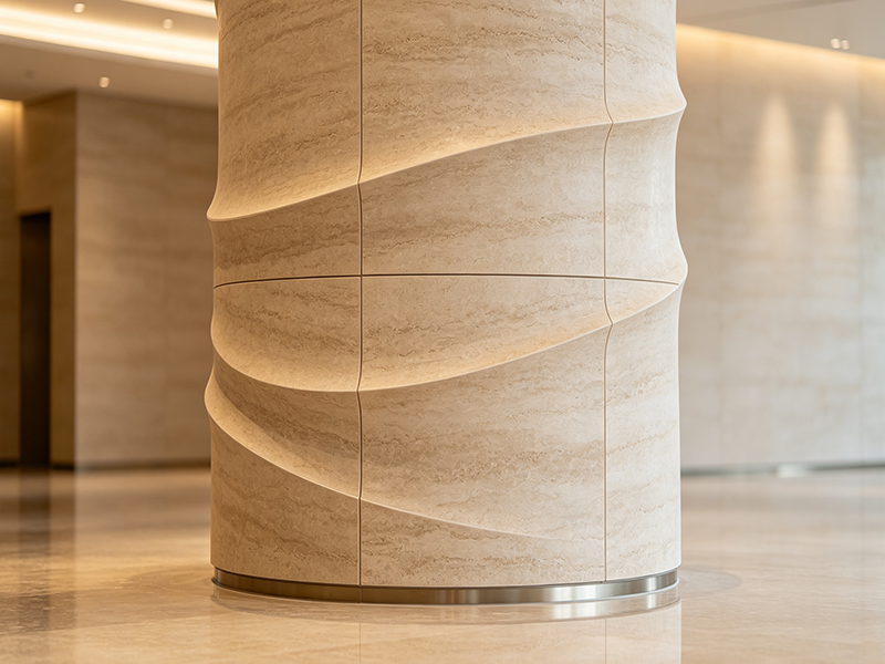 Rendering of artistic curved cylindrical decorative panel in commercial lobby