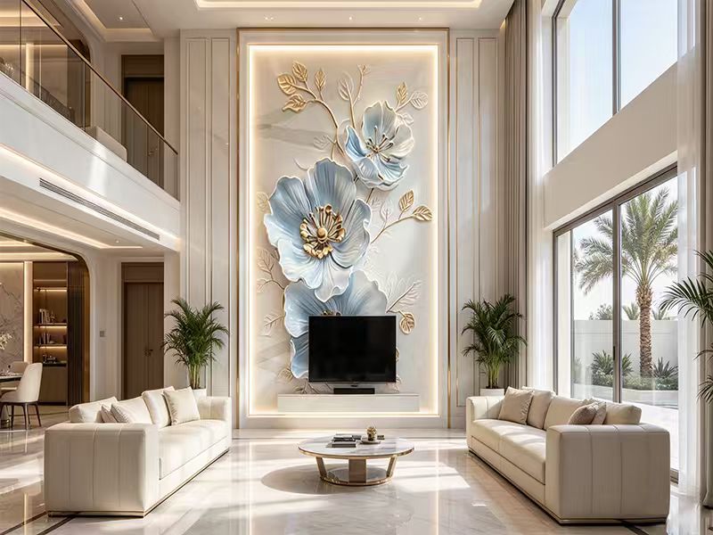 PVC marble sheet artistic flower pattern for double height villa living room feature wall