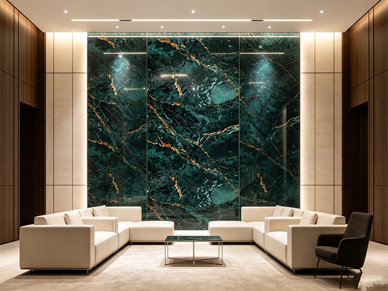 PVC marble sheet dark green with gold veins for hotel lounge feature wall