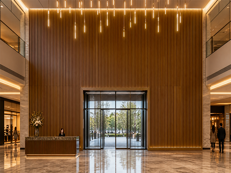 Wood grain WPC wall panel for high rise hotel lobby full wall cladding