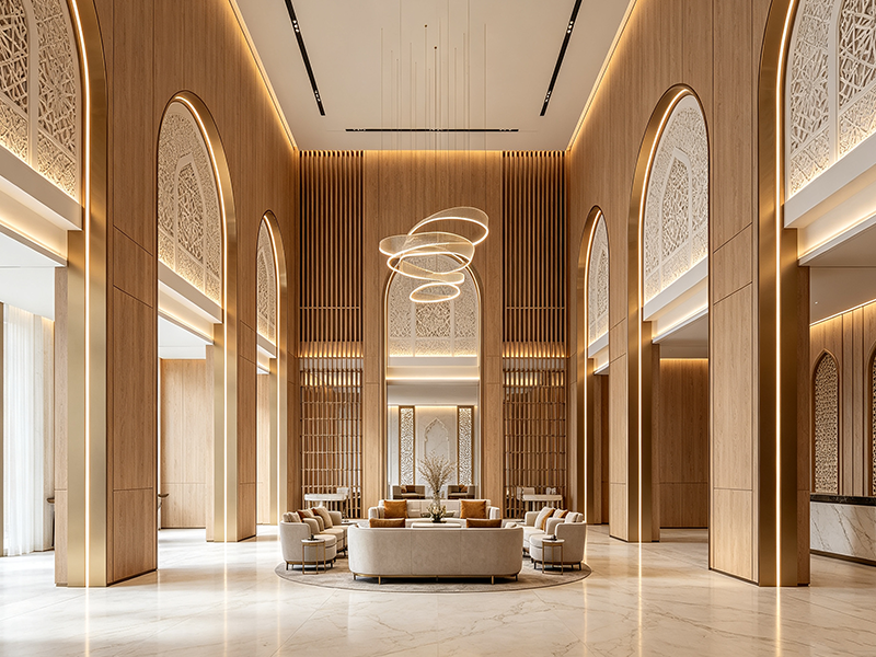 Bamboo wall panel for grand luxury hotel lobby interior, factory bulk supply for large hotel and commercial project decoration