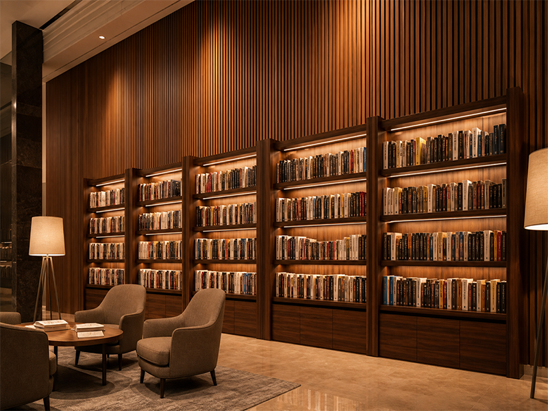 Dark wood grain WPC wall panel for club library interior decoration