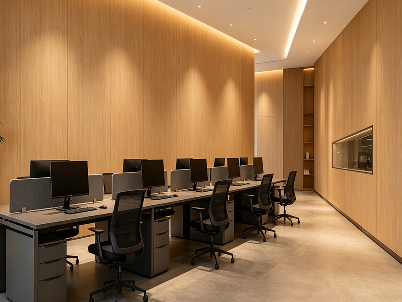 Bamboo wall panel for open office workspace interior, factory bulk supply for commercial office fit-out projects