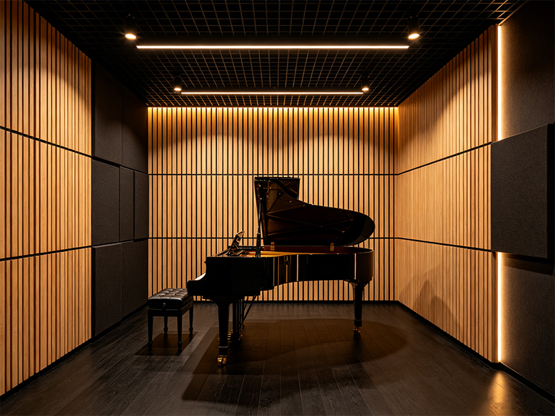 Acoustic wood veneer wall panel for piano room music studio interior decoration
