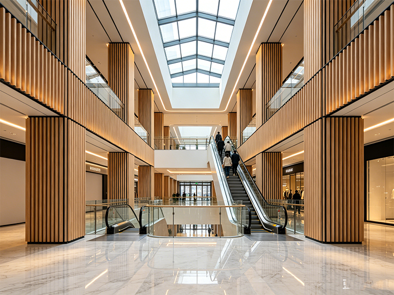 Acoustic wood veneer wall panel for shopping mall atrium interior decoration