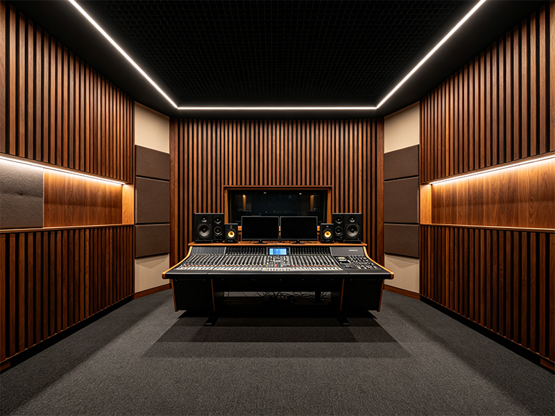 Acoustic wood veneer wall panel for audio recording control room interior decoration