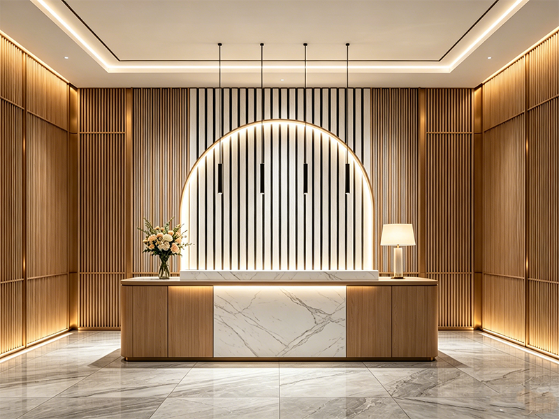Acoustic wood veneer wall panel for office reception front desk interior decoration
