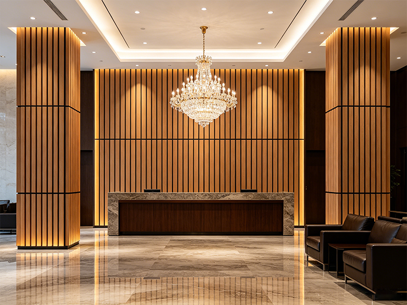 Acoustic wood veneer wall panel for hotel lobby reception interior decoration