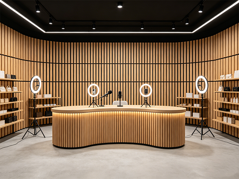 Acoustic wood veneer wall panel for live broadcast studio interior decoration