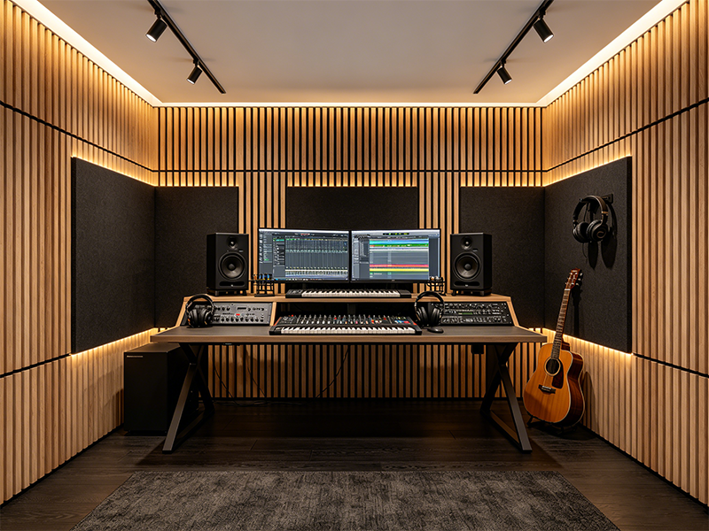 Acoustic wood slat wall panel for music mixing control room studio interior