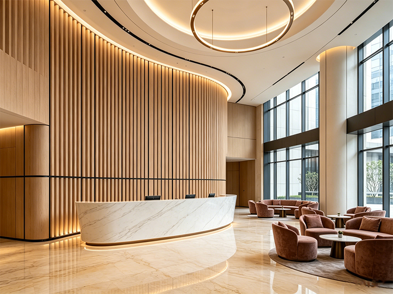Acoustic wood slat wall panel for hotel lobby reception interior decoration