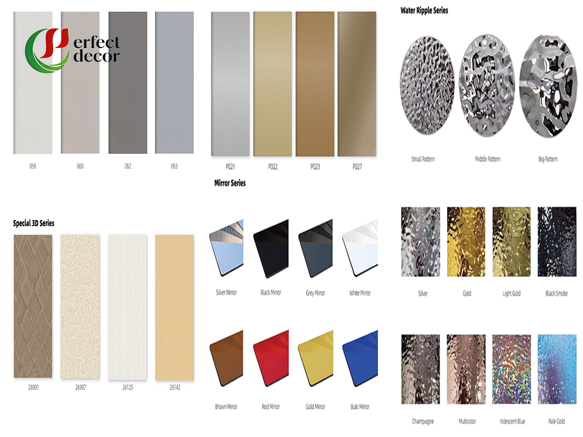 Bamboo charcoal wall panel color chart, multi‑color wood grain & marble swatches for interior wall cladding