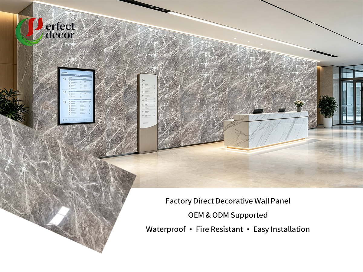 Light grey PVC marble sheet hotel lobby interior wall decoration