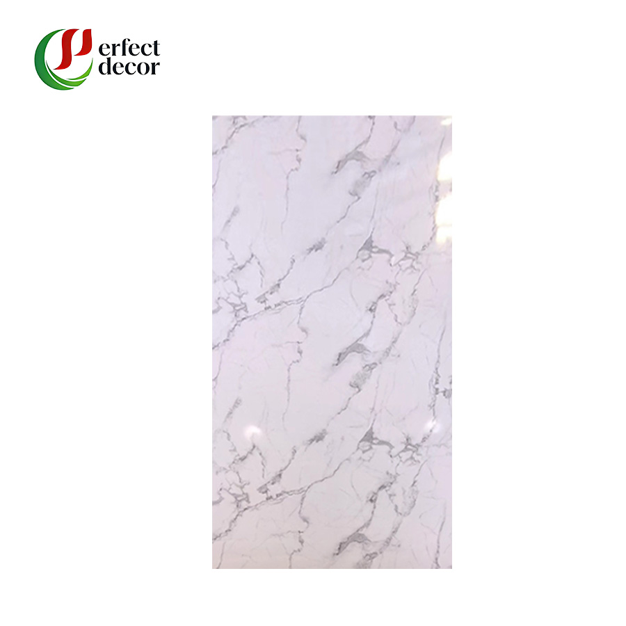 White Base Gold Black Ink Vein High Gloss PVC UV Marble Sheet Wall Panel