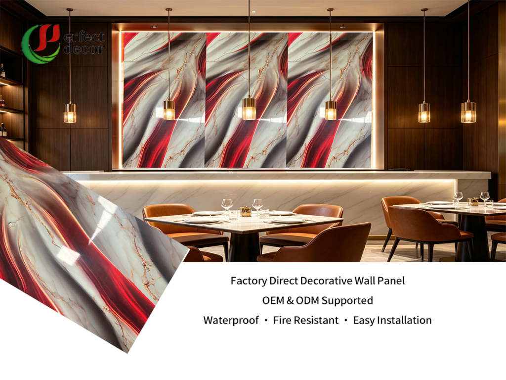 OEM ODM Red Flow‑Vein PVC Marble Sheet High‑Gloss Decorative Wall Panel