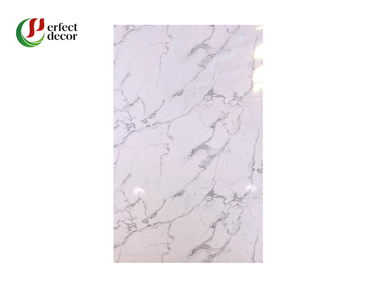 White Base Gold Black Ink Vein High Gloss PVC UV Marble Sheet Wall Panel