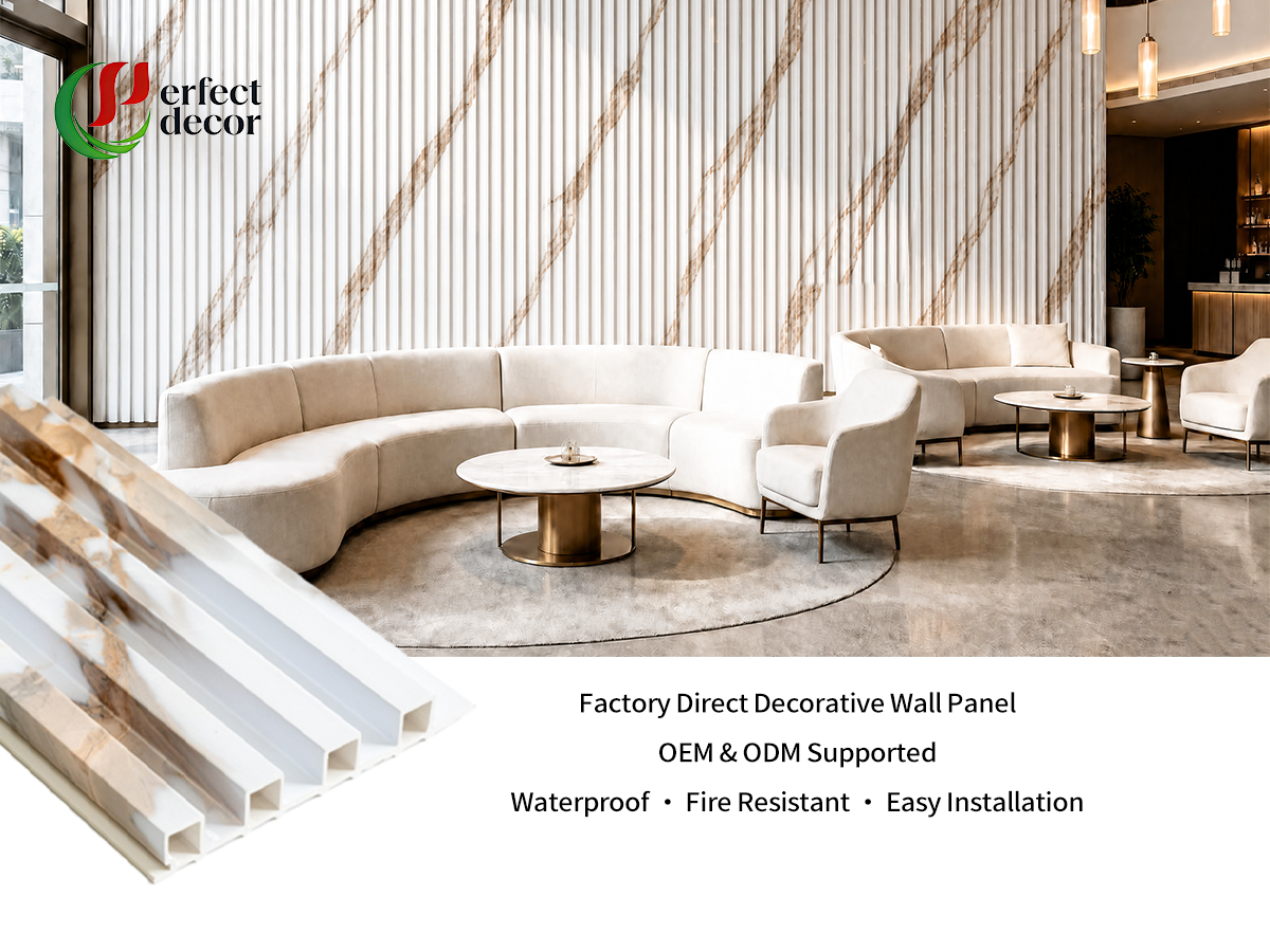 Marble Effect WPC Slat Wall Panel Waterproof Fluted WPC Wall Cladding for Hotel Villa Interior Decoration
