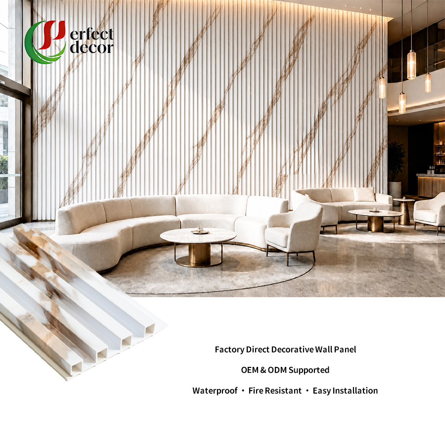 Marble Effect WPC Slat Wall Panel Waterproof Fluted WPC Wall Cladding for Hotel Villa Interior Decoration