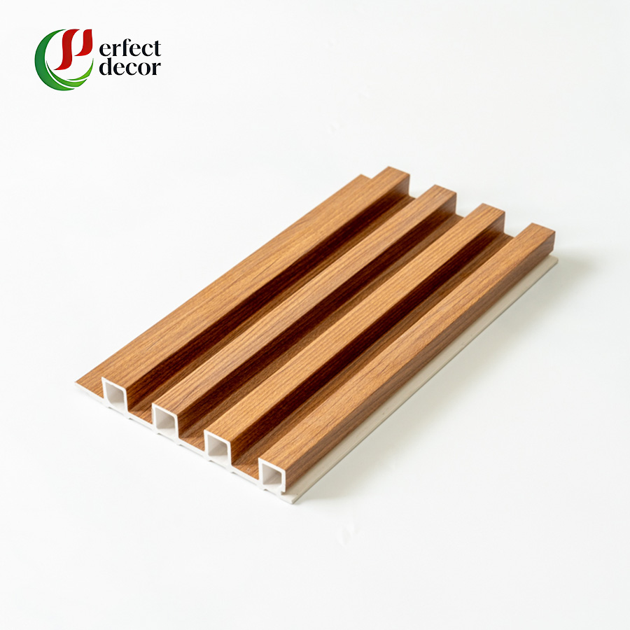 Wood grain WPC slat wall panel sample, interior decorative fluted wall cladding