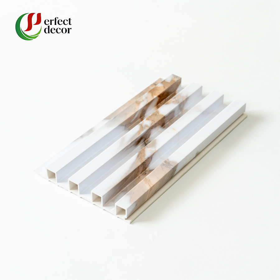 Grooved Marble Effect WPC Slat Wall Panel, Waterproof Wood Plastic Composite Fluted Wall Cladding