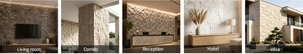 Multi‑scene renderings of lightweight faux rock PU stone panels, for residential and commercial engineering projects