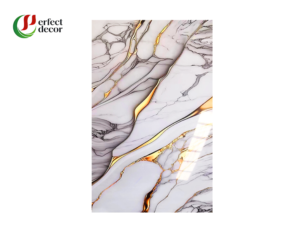 ：Glossy white gold vein PVC marble sheet, decorative wall panel for hotel commercial interior project, factory OEM ODM bulk supply