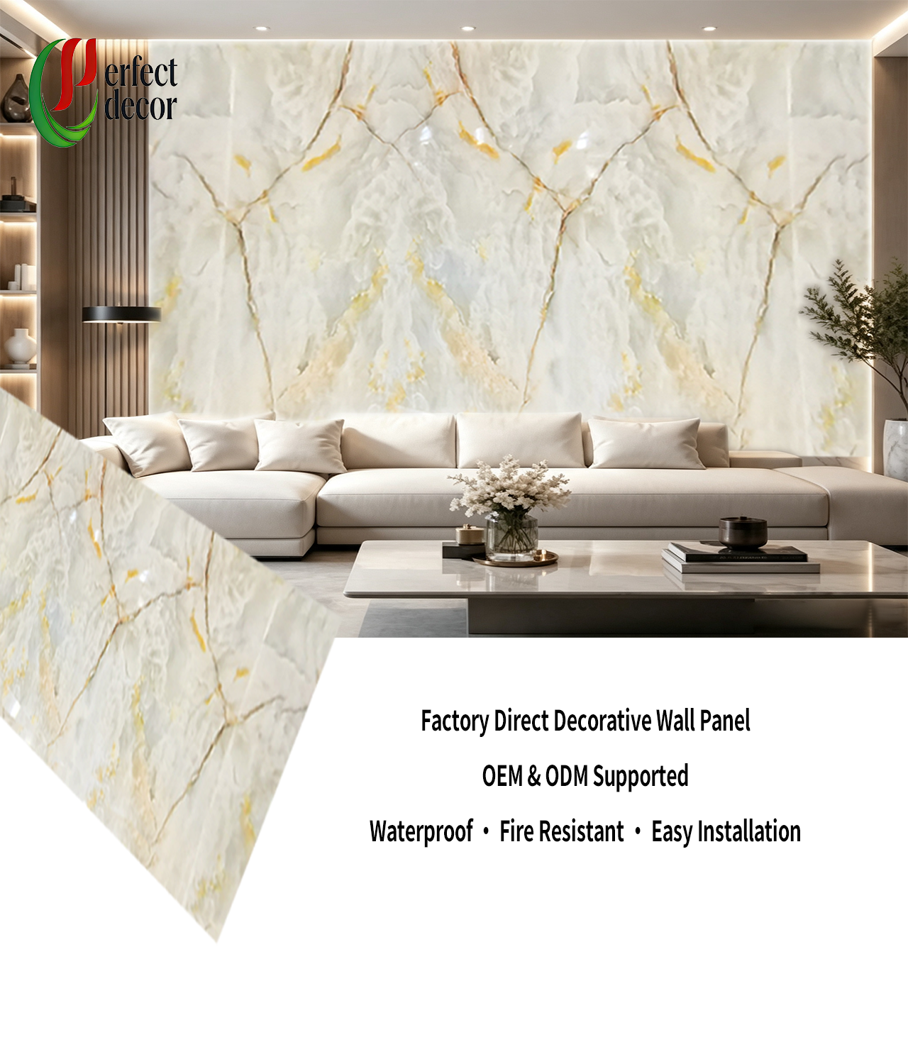 Marble Effect WPC Slat Wall Panel Waterproof Fluted WPC Wall Cladding for Hotel Villa Interior Decoration
