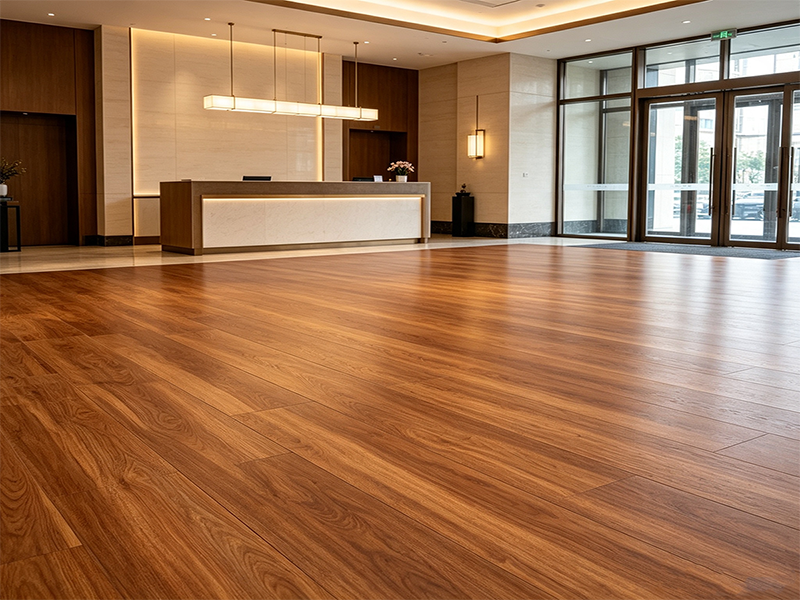 Wood grain SPC flooring for commercial lobby project, waterproof rigid core vinyl floor for hotel and office interior
