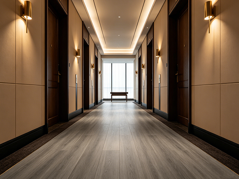 Grey wood SPC flooring for hotel corridor, heavy duty anti-scratch vinyl flooring for hospitality commercial project