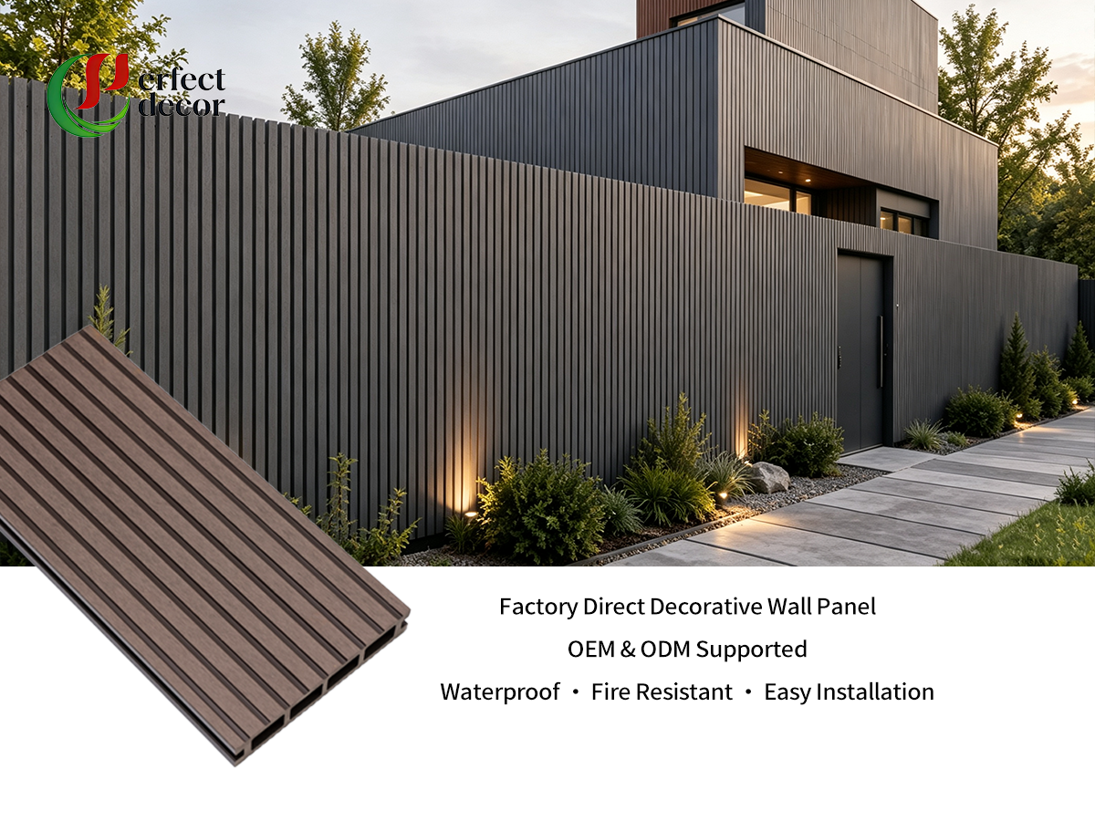 Outdoor WPC wall cladding dark grey villa exterior facade