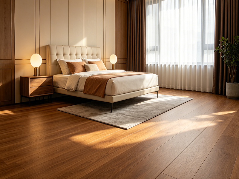 Warm brown wood grain SPC flooring for residential bedroom, waterproof click vinyl flooring for home interior decoration