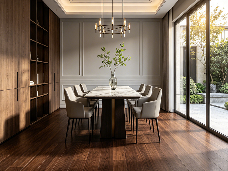 Dark walnut wood grain SPC flooring for villa dining room, waterproof vinyl plank for luxury residential interior renovation