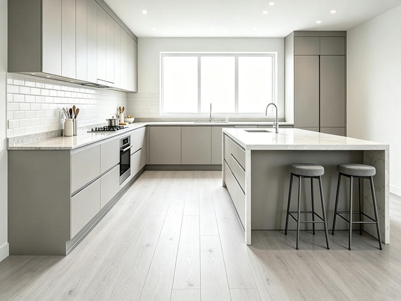Light white wood grain SPC flooring for modern kitchen, waterproof rigid vinyl flooring for wet area home renovation
