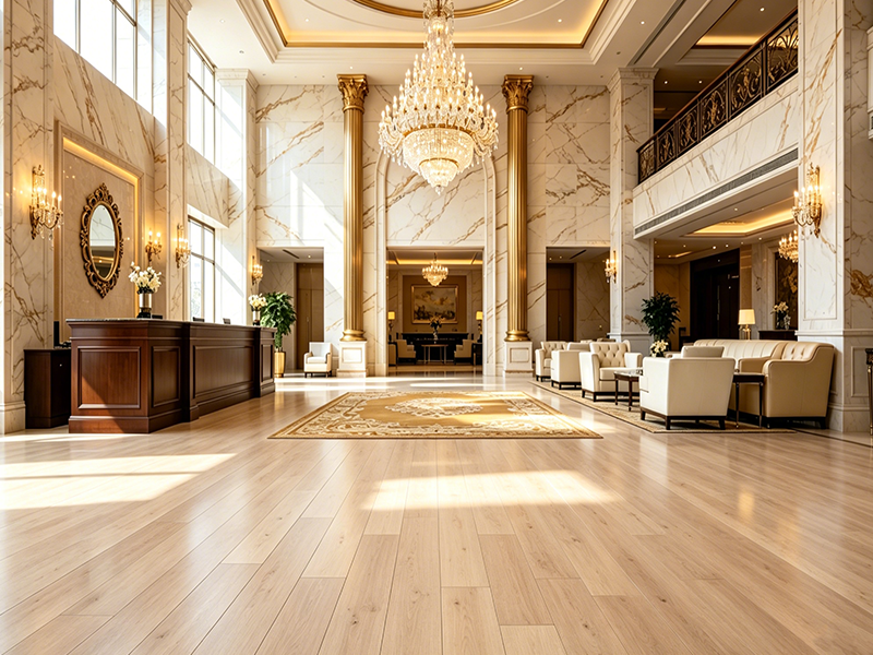 Light wood SPC flooring for hotel lobby, heavy-duty waterproof vinyl flooring for commercial hotel renovation project