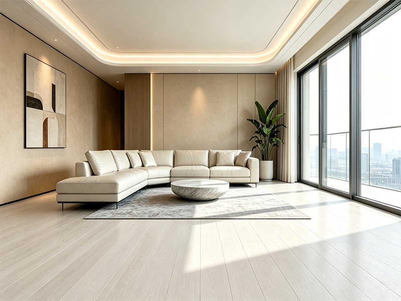 Light wood grain SPC flooring for luxury modern living room, waterproof click lock vinyl plank for villa interior decoration