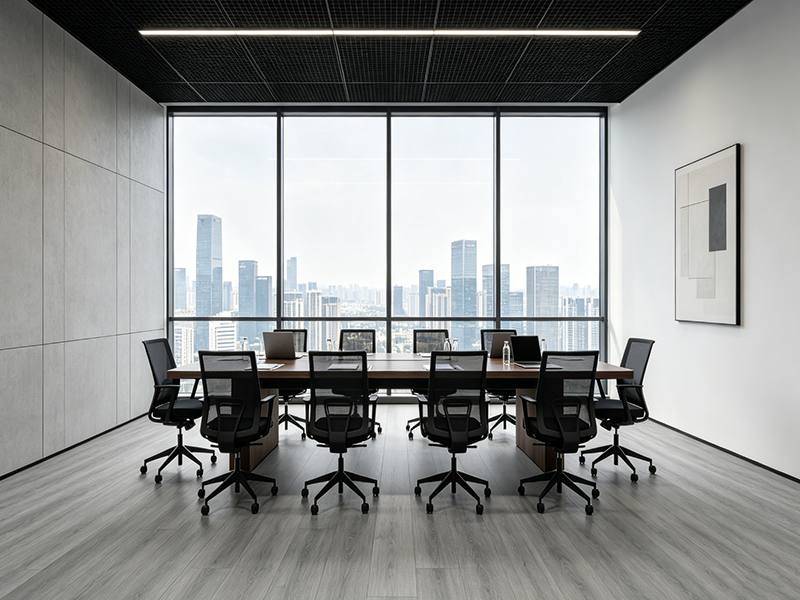 Light grey wood grain SPC flooring for modern corporate meeting room, waterproof scratch-resistant vinyl plank for office interior