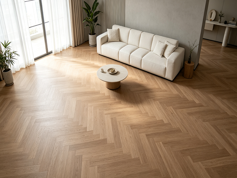 Herringbone wood grain SPC flooring for minimalist living room, waterproof click lock vinyl plank for home interior design