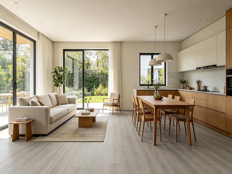 Grey wood SPC flooring for modern open plan living dining kitchen, waterproof click vinyl flooring for residential renovation