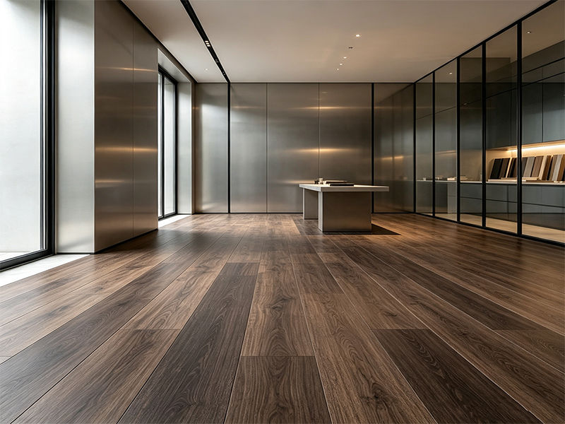 Dark brown wood grain SPC flooring for modern office lobby, wear-resistant waterproof vinyl plank for commercial office project