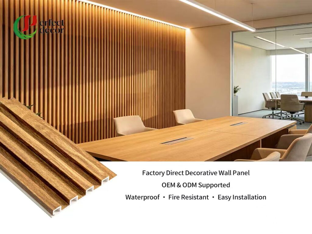 Factory operator inspects finished fluted WPC wall panels on production line, strict in‑process QC ensures consistent panel quality for global B2B buyers.