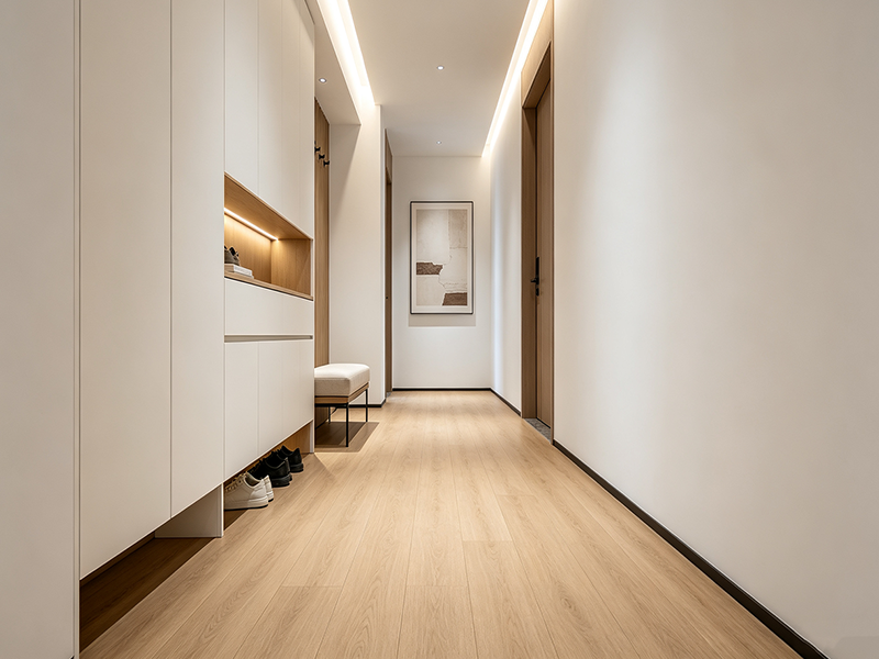 Natural wood tone SPC flooring for residential hallway, waterproof wear-resistant vinyl plank for home corridor renovation
